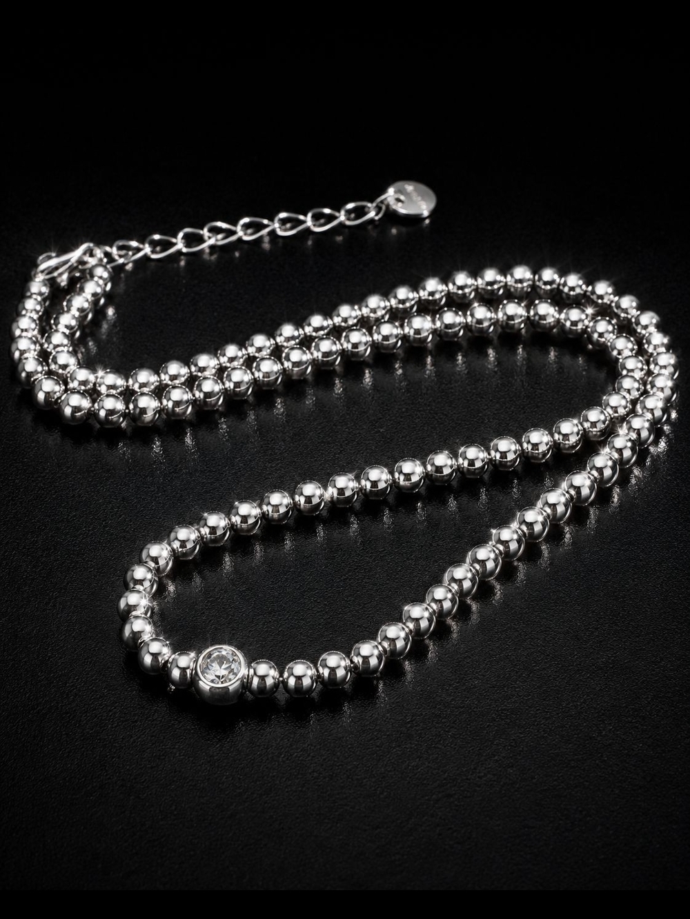 Silver Beaded Necklace with Center Crystal